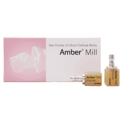 Dental lithium disilicate blocks Amber Mill y suministros dentales en caja y jeringa.