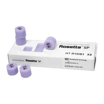 Baterías de litio para odontología Rosetta SP en empaque blanco con etiquetas y pastillas moradas.