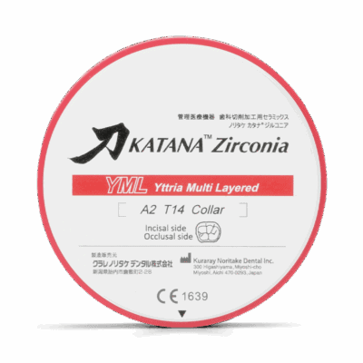 KATANA Zirconia YML Ytrria Multi Layered para restauraciones dentales, con información sobre tamaño y uso en procedimientos odontológicos.