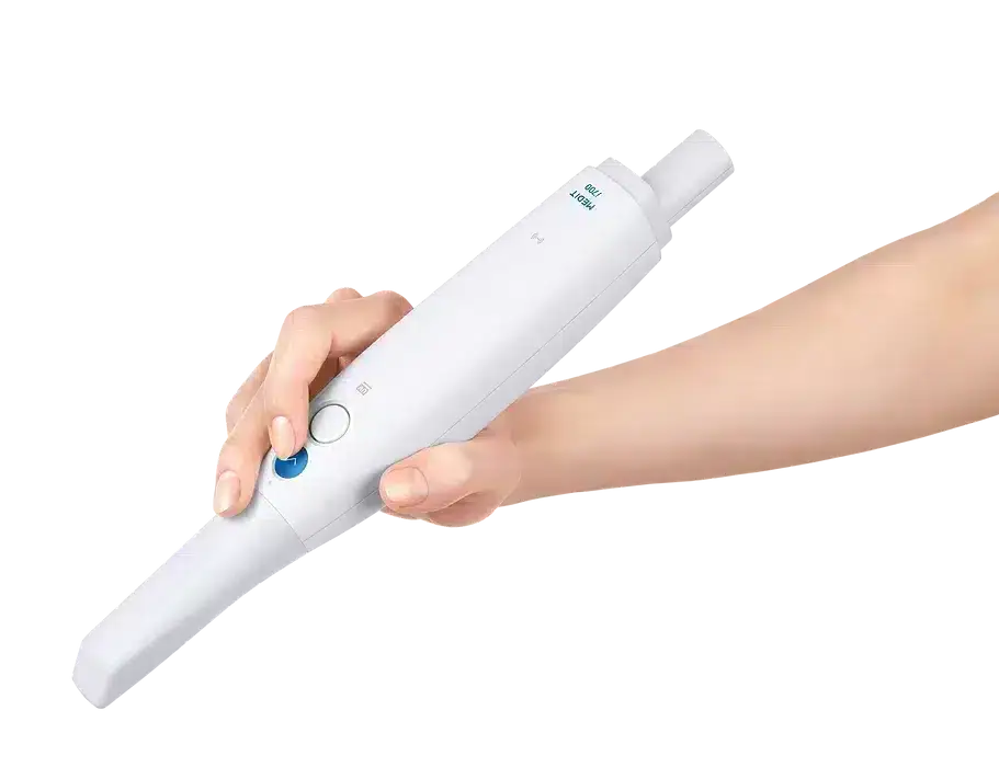 Instrumento dental portátil con tecnología avanzada utilizado en procedimientos odontológicos profesionales.