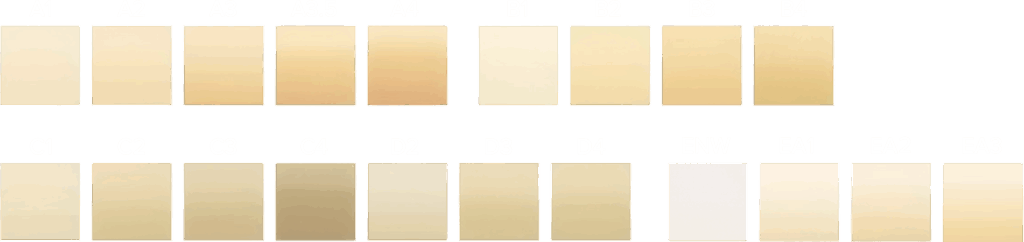 Alto: Muestras de colores dentales en tonos beige y crema, ideales para restauraciones y tratamientos estéticos dentales.