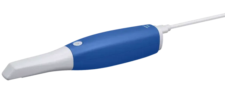 Alt: Instrumento dental de mano azul y blanco para procedimientos odontológicos profesionales.