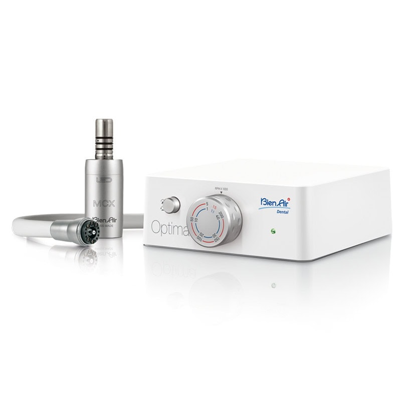 Micromotor Eléctrico Óptima 1 Alta texto: Equipo de suministro dental para tratamientos odontológicos, incluyendo aspiradoras, compresores y otros dispositivos profesionales.