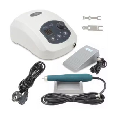 PRIME 407 equipo de removedor ultrasónico dental para limpieza de instrumentos dentales y accesorios, incluye cables, pedal y herramientas especializadas.