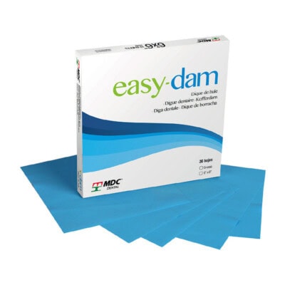 Cajas de goma de dentista Easy Dam en diferentes espesor y tamaño, ideales para procedimientos dentales, facilitan la elaboración de dientes y previenen contaminación cruzada.