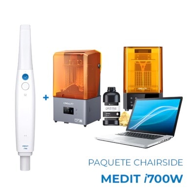 Diseño de conjunto de equipo dental, incluyendo un escáner intraoral, impresoras 3D y una laptop para clínicas dentales modernas. Ideal para suministros y tecnología dental de alta calidad.