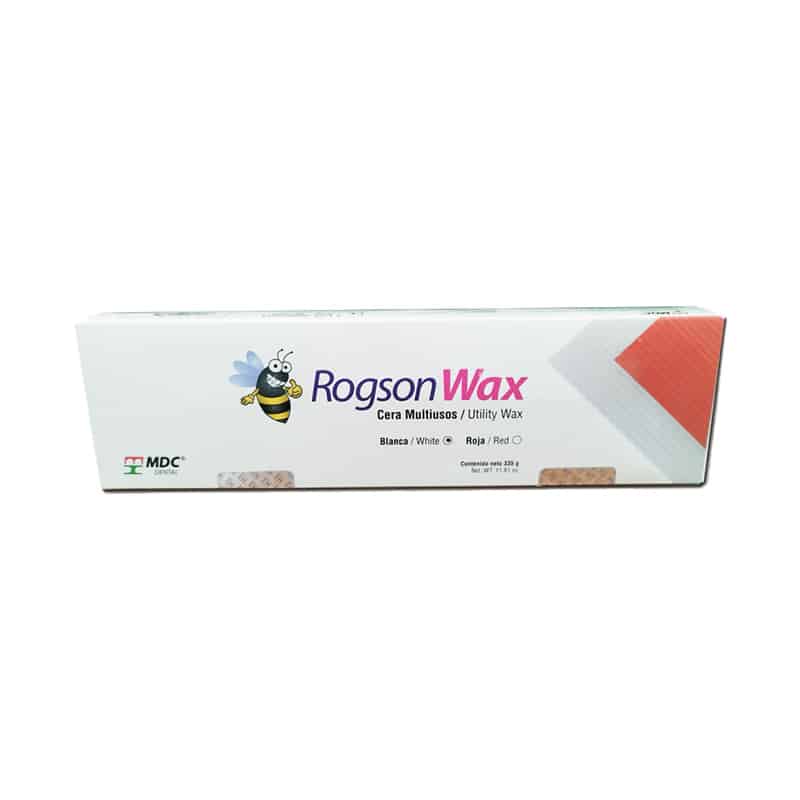 Cera Rogson Utility multiuso blanca 1 Rogson Wax cera multiusos blanca y roja para uso dental, en empaque rectangular, con imagen de abeja y marcas MDC. Diseñada para equipos y suministros dentales en Costa Rica.