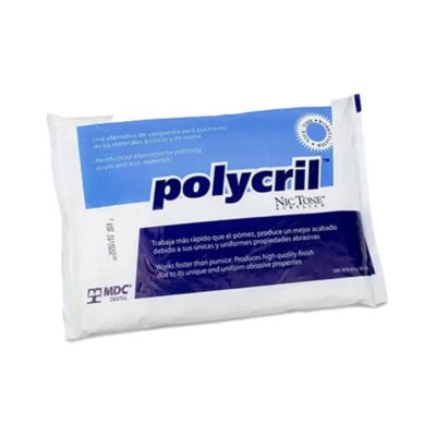 Polyeril, material abrasivo para pulir resinas dentales en equipo y suministros dentales, imagen de paquete de polyeril, utilizado en clínicas dentales para acabados precisos y eficientes.