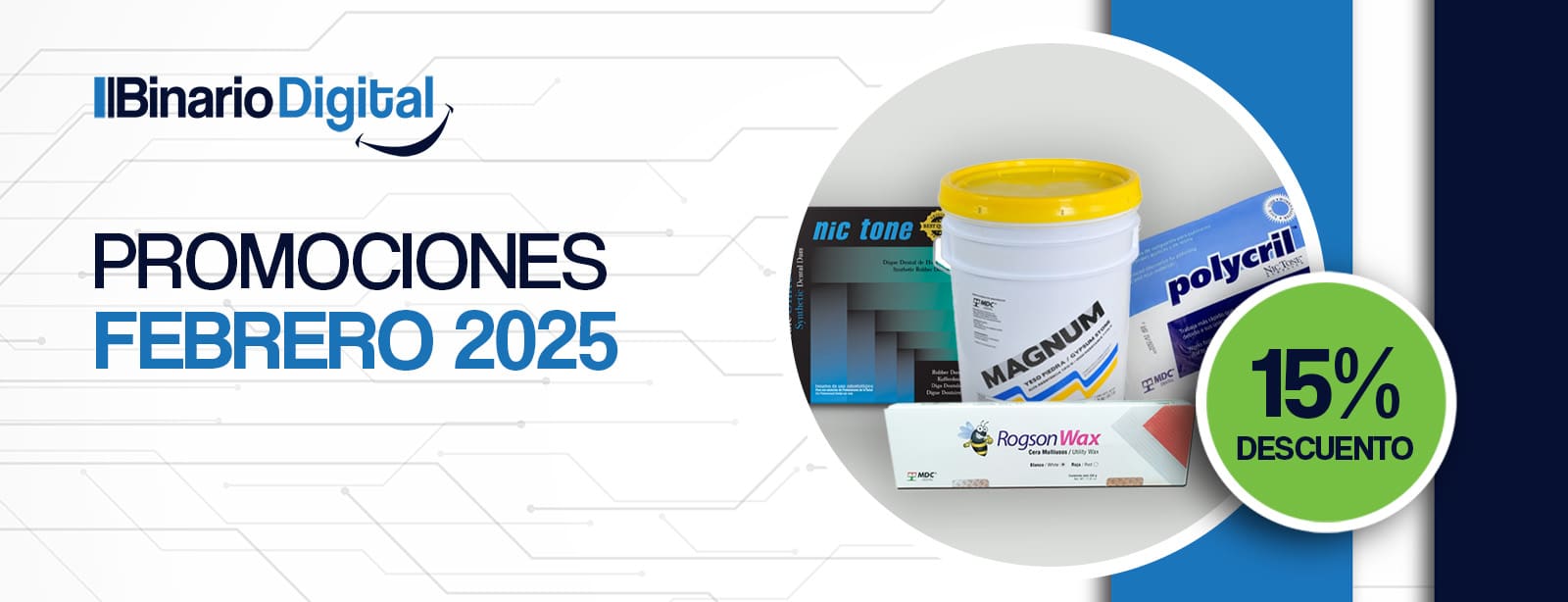 Silicona y productos dentales en promoción para clínicas odontológicas en febrero 2025 en Binario Digital.