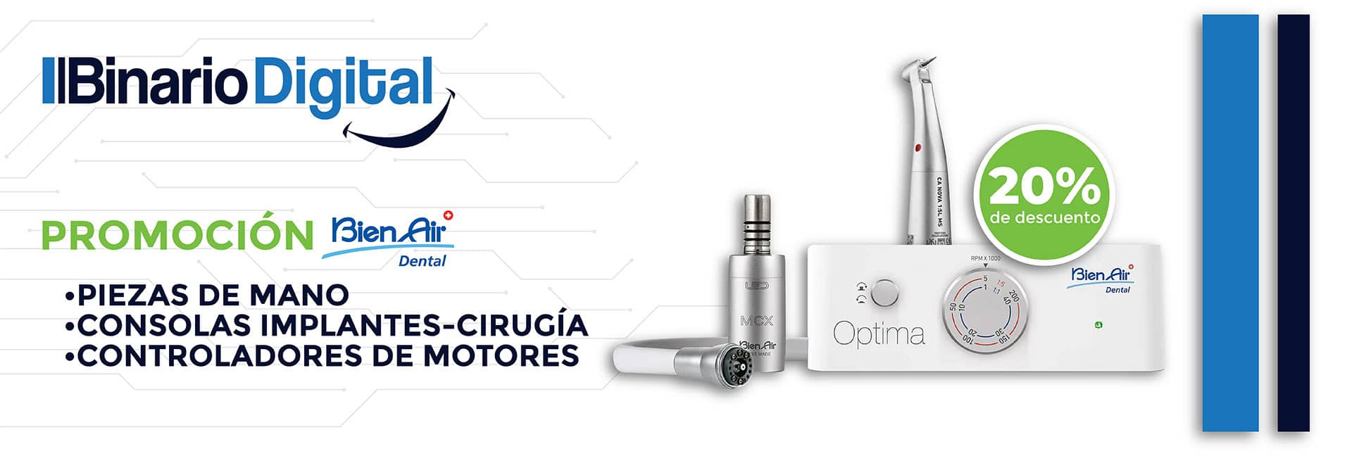 Materiales y suministros dentales de alta calidad en Binario Digital, incluyendo piezas de mano, consolas de implantes y controladores de motores para tecnología dental avanzada.