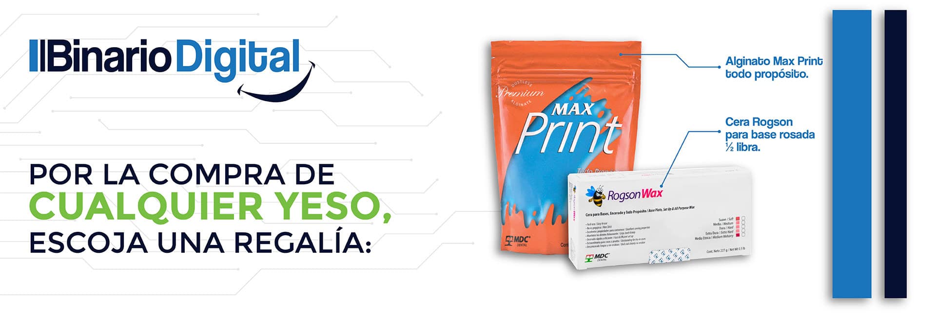 Algatodo Max Print y cera Rogson para base rosada en suministro dental.