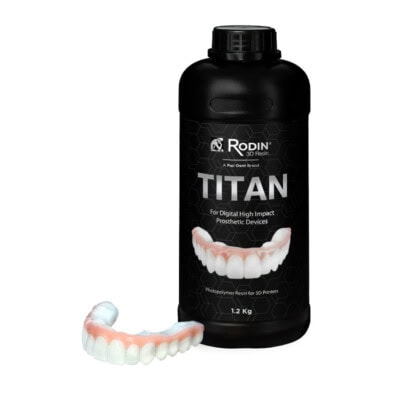 1. Resina de poliéster para prótesis dentales de alta resistencia y impacto, ideal para impresoras 3D, en envase de 1.2 kg.