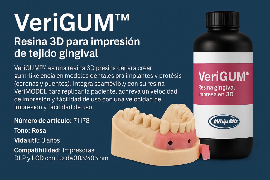 Resina 3D para impresión de tejido gingival, ideal para modelos dentales, implantología y prótesis, de fácil uso y rápida impresión en tonos rosa, compatible con impresoras DLP y LCD.
