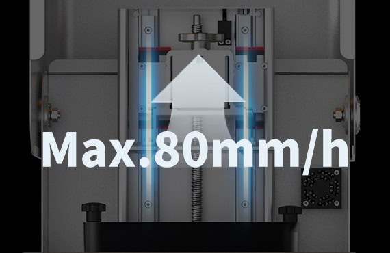 Imagen de una impresora 3D dental mostrando la velocidad máxima de impresión de 80 mm/h, utilizada en clínicas y laboratorios dentales para crear modelos precisos y personalizados.