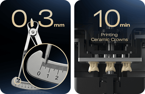 Imagen de instrumentos de precisión para impresión dental, mostrando medición de 0.3 mm y tiempo de impresión de 10 minutos para coronas cerámicas.