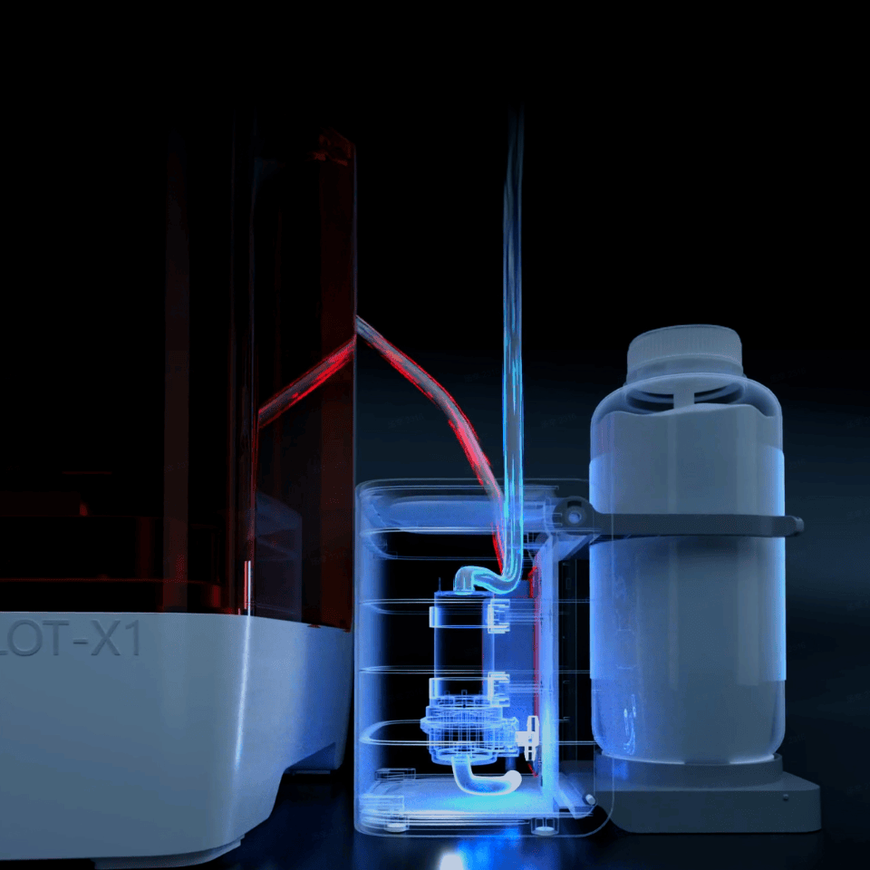 Esterilizador dental de alta tecnología con componentes transparentes y tubos de agua y aire.