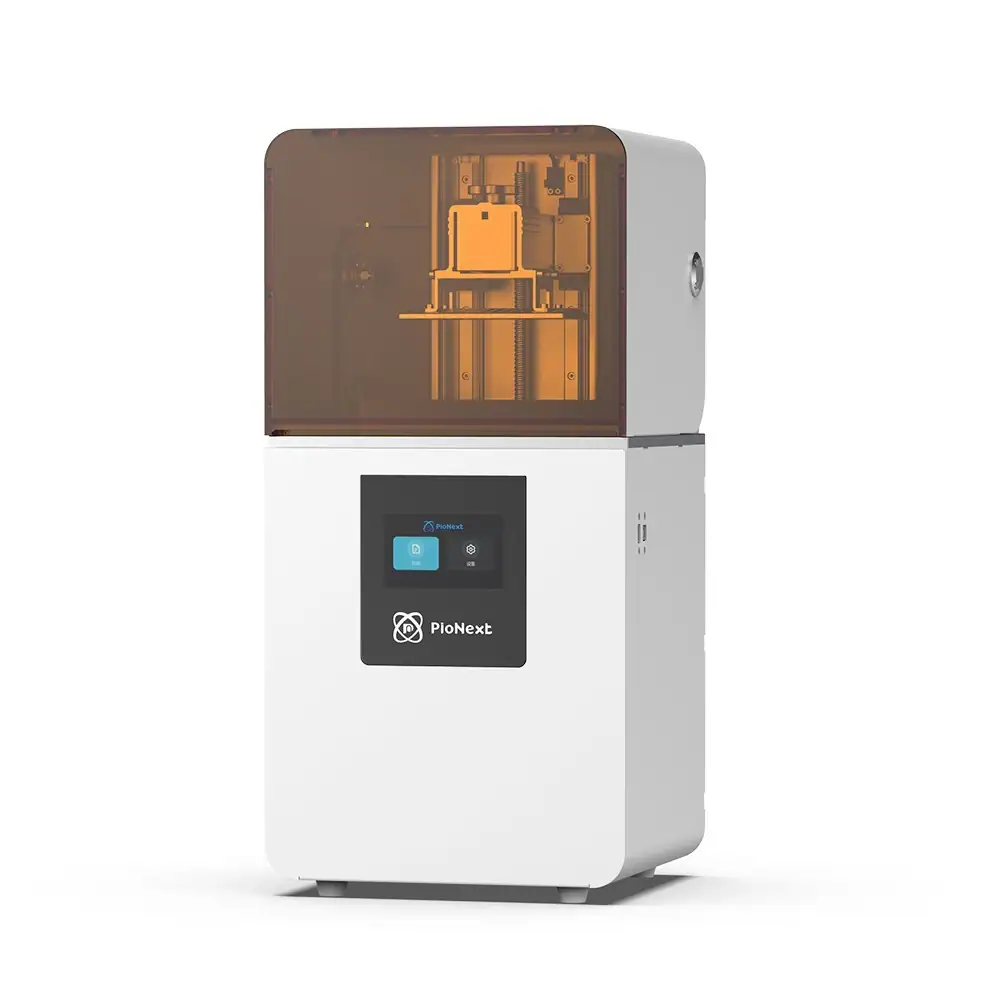 Impresora 3D dental PioNext con caja protectora para fabricación de modelos dentales precisos y eficientes en clínicas y laboratorios odontológicos.