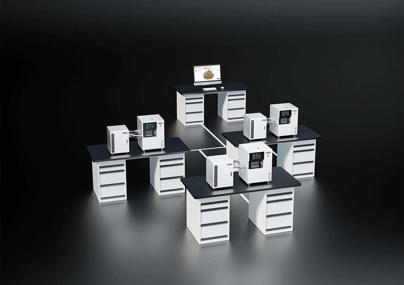 Conjunto de estaciones de trabajo para equipos dentales, con escritorios y unidades de almacenamiento, ideal para clínicas odontológicas modernas.