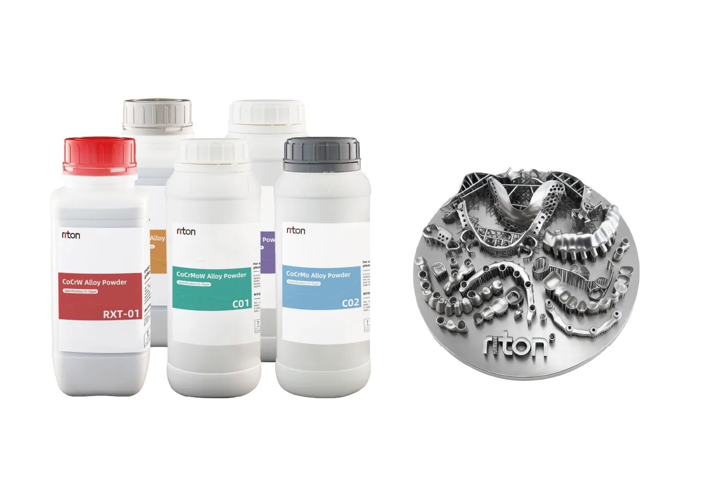 Impresora 3D de metal M-150 5 Tintes y suministros dentales de alta calidad, incluyendo tintas de diferentes colores y accesorios metálicos para procedimientos dentales. Ideal para clínicas y profesionales en odontología.